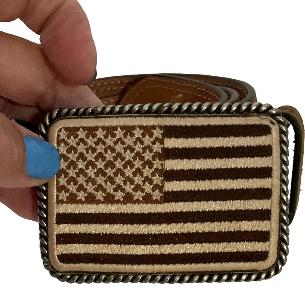Ariat Men’s Genuine Leather American Flag Belt Buckle; Camo Belt Design; 34”